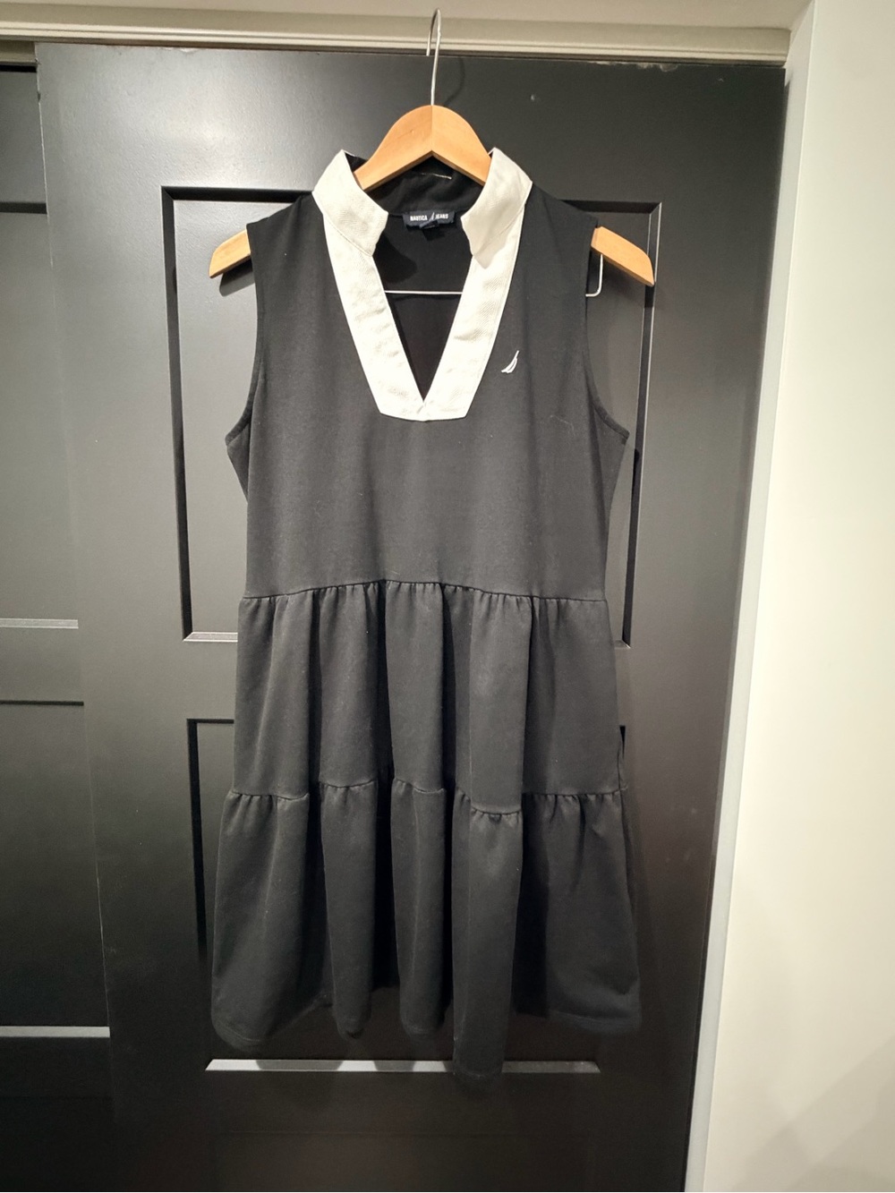 Nautica Black Tiered Dress with White V-Neck Collar